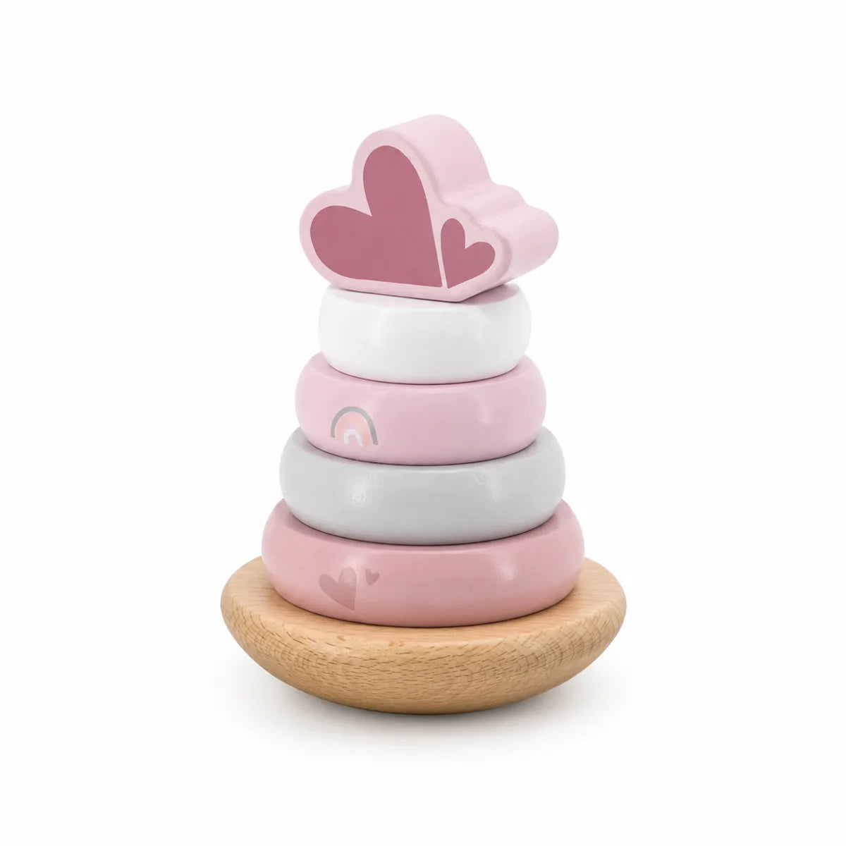 Tour d'équilibre en bois rose de Label Label - Jouet de motricité avec anneaux à empiler pour bébés à partir de 12 mois