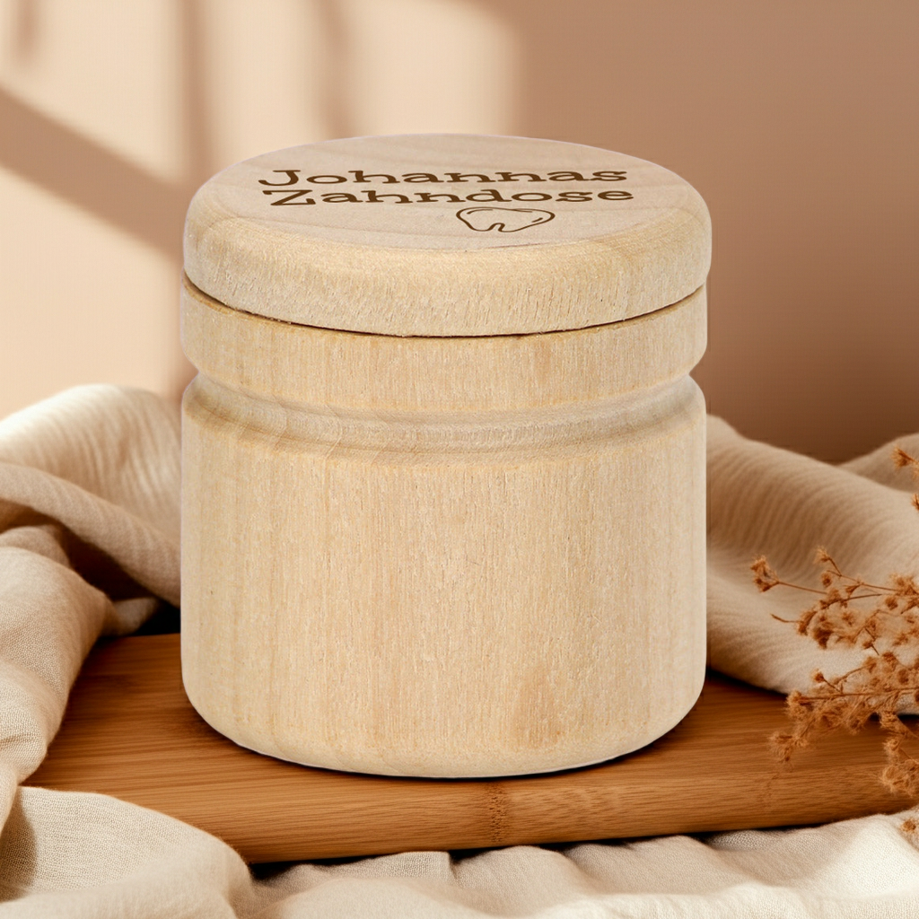 Personalisierte Milchzahndose aus Holz mit Name und Motiv – Erinnerungsstück zur Aufbewahrung der ersten Zähne