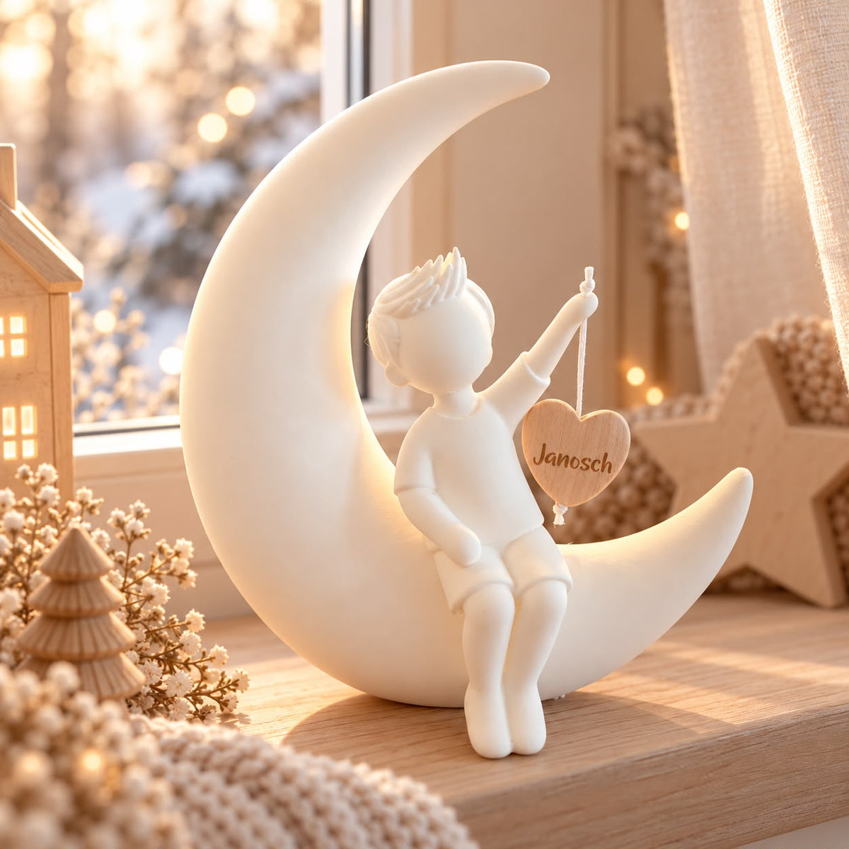 Weißer Mondjunge mit personalisiertem Holzherz Janosch in warmer beiger Kinderzimmerdekoration