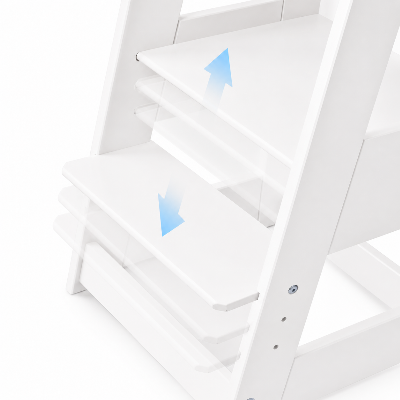 Montessori Lernturm mit höhenverstellbarer Standfläche und Trittstufe. Der mitwachsende Küchenhelfer passt sich der Größe des Kindes an und fördert selbstständiges Lernen nach dem Montessori-Prinzip.