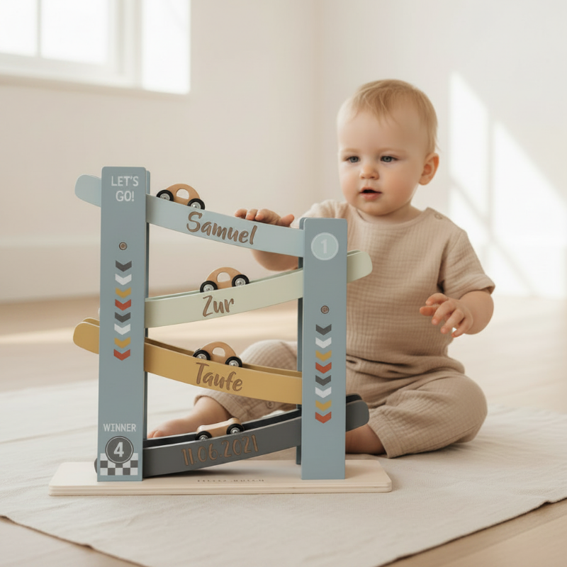 Baby spielt mit personalisierter Kugelbahn mit Name zur Taufe – liebevolles Motorikspielzeug für Kleinkinder