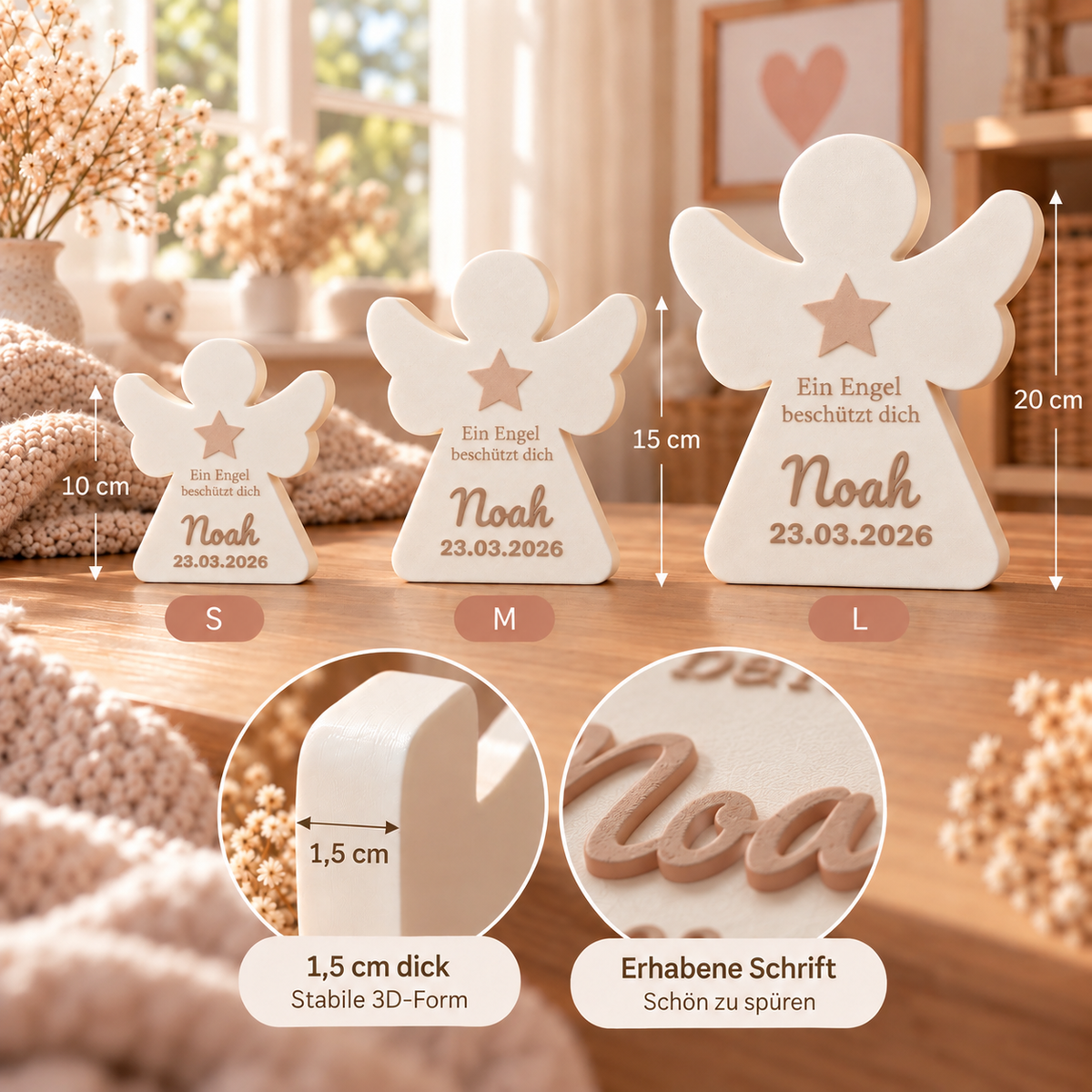 Personalisierter 3D-Schutzengel mit Spruch in 10, 15 und 20 cm