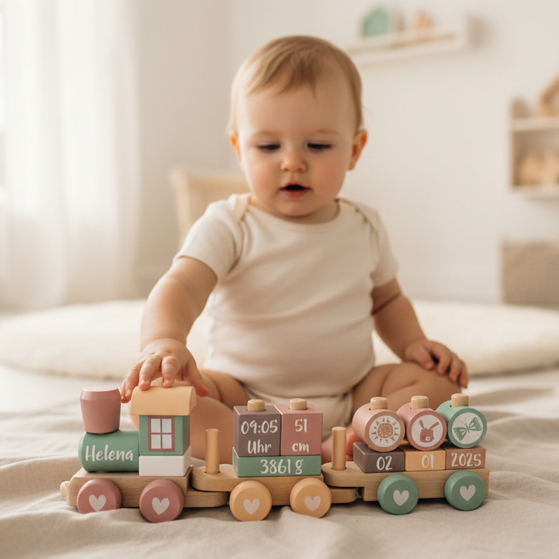 Personalisierter Holz Abenteuer Zug in Pink mit individuellem Namen, liebevolles Geschenk zur Geburt und ideales Spielzeug fuer Babys und Kleinkinder