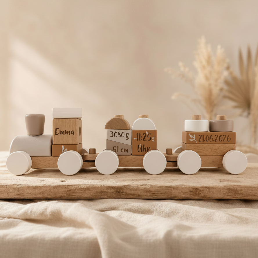 Train en bois personnalisé pour la naissance avec nom et données de naissance – Nougat