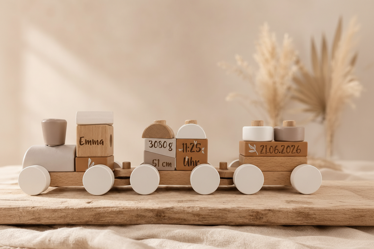 Personalisierter Holzzug als Geschenk zur Geburt mit Name Emma, Gewicht 3080 g, Größe 51 cm, Geburtszeit 11:25 Uhr und Geburtsdatum 21.06.2026