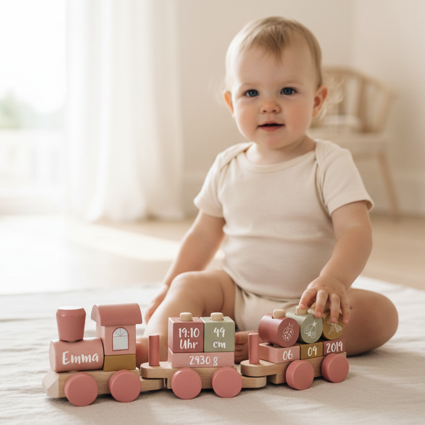 Baby mit personalisiertem Holzzug in Rosa mit Name und Geburtsdaten – individuelles Geschenk zur Geburt