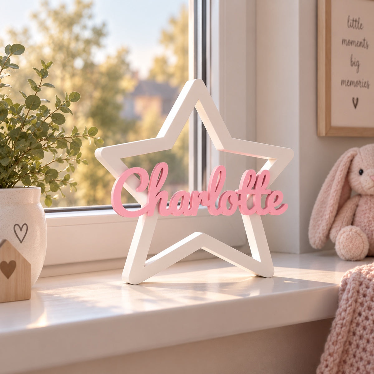Personalisierter weißer Namensstern stehend mit rosafarbenem Namen für das Kinderzimmer