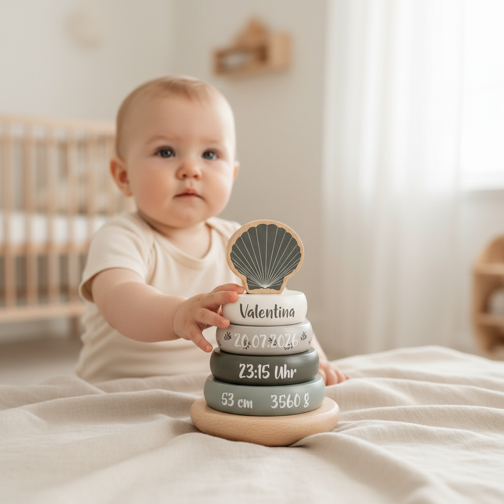 Baby mit personalisiertem Holz-Stapelturm mit Muschel, Name und Geburtsdaten – individuelles Geschenk zur Geburt von Schmatzepuffer.