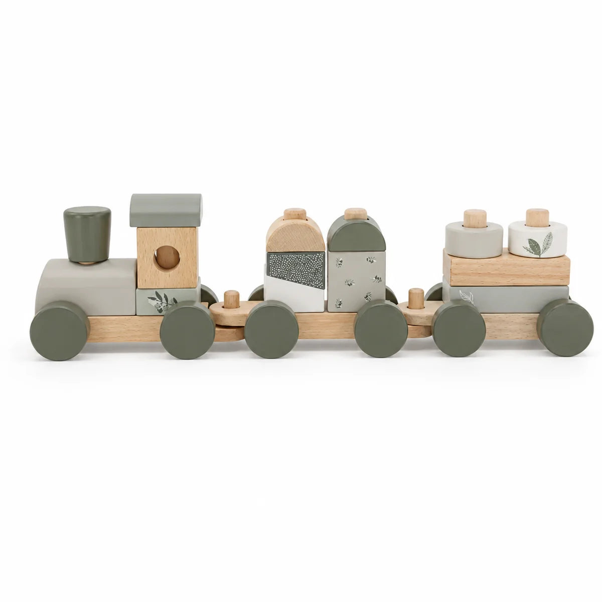 Personalisierter Stapelzug aus Holz in Olivgrün von Label Label als Geschenk zur Geburt mit Name, Geburtsinitiale und Geburtsdatum
