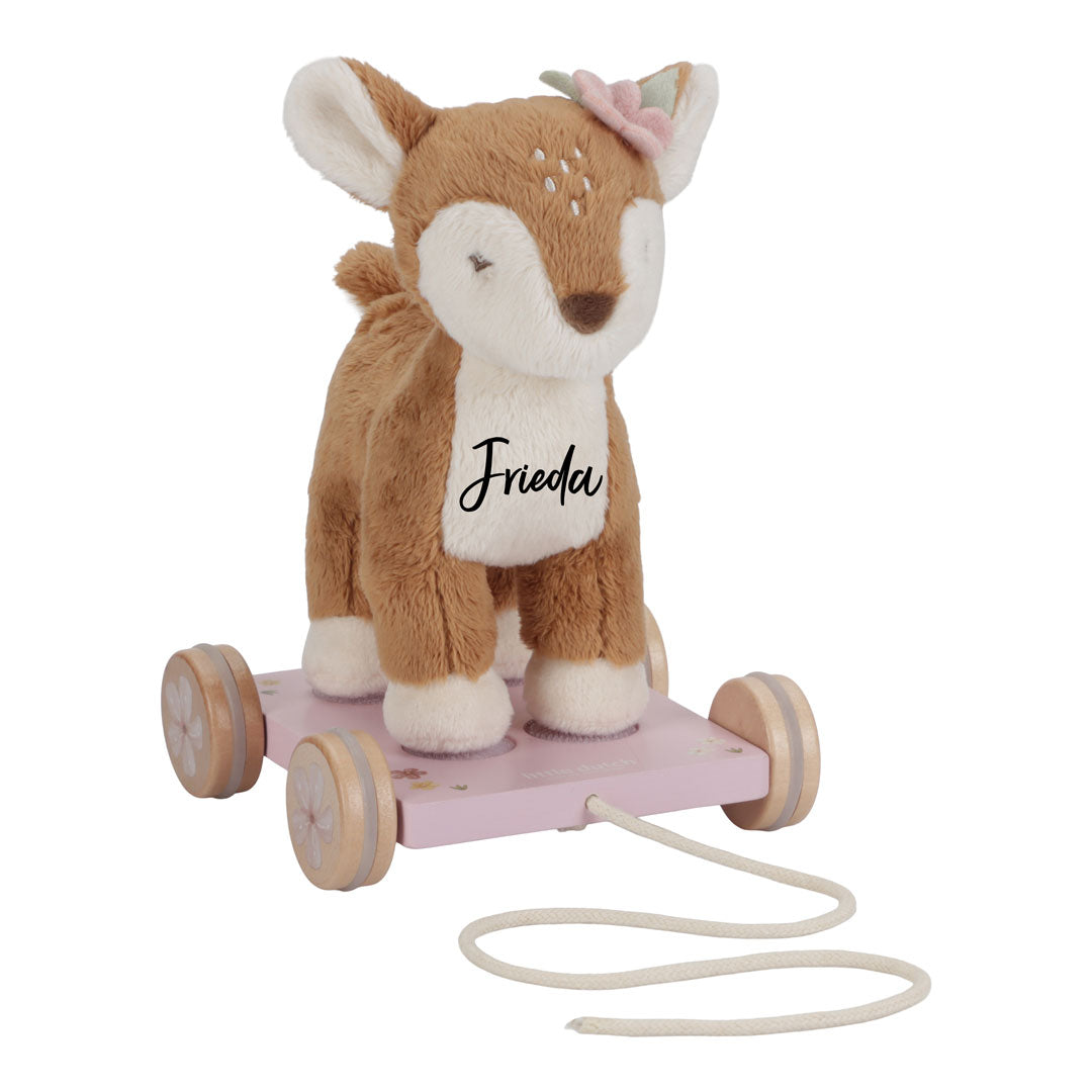Personalisiertes Little Dutch Nachziehtier Reh Fairy Garden mit Name – Plüschreh auf rosa Holzwagen