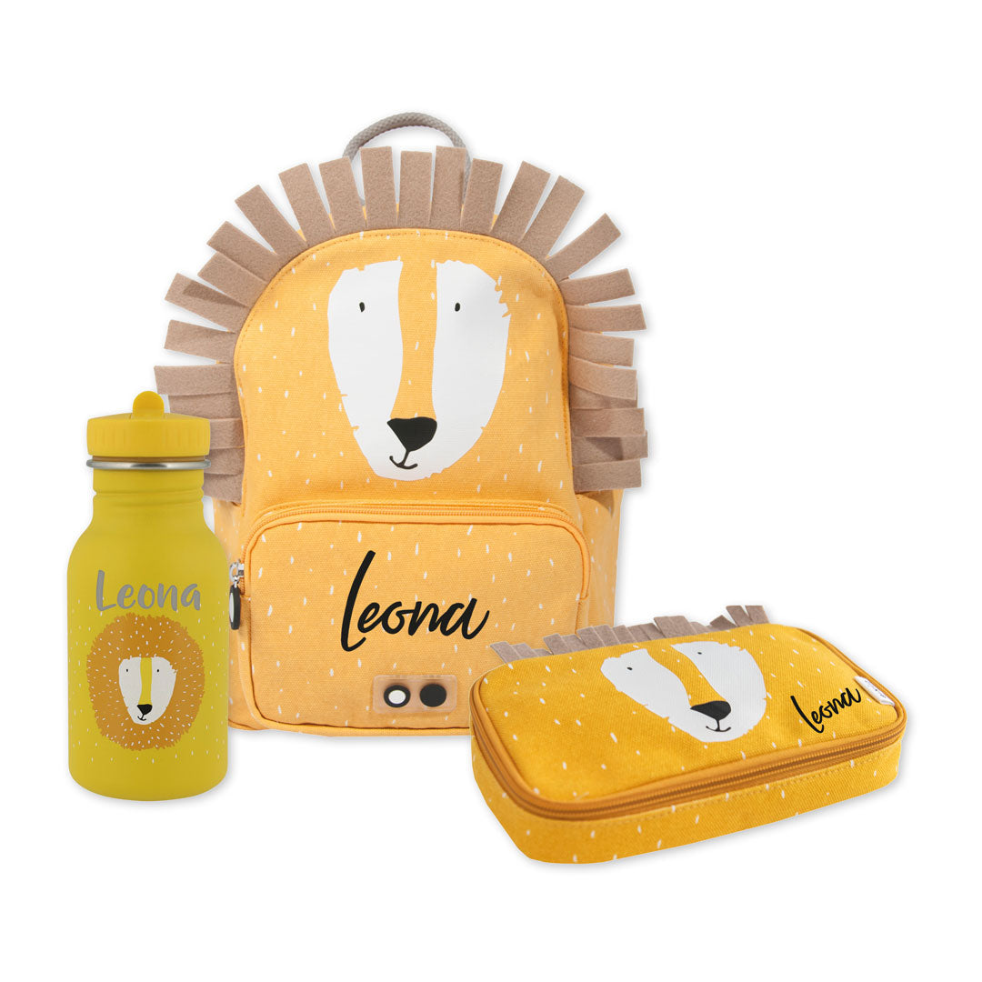Trixie Schulstart Set Herr Löwe – mit Namen, Rucksack, Trinkflasche und Federmäppchen