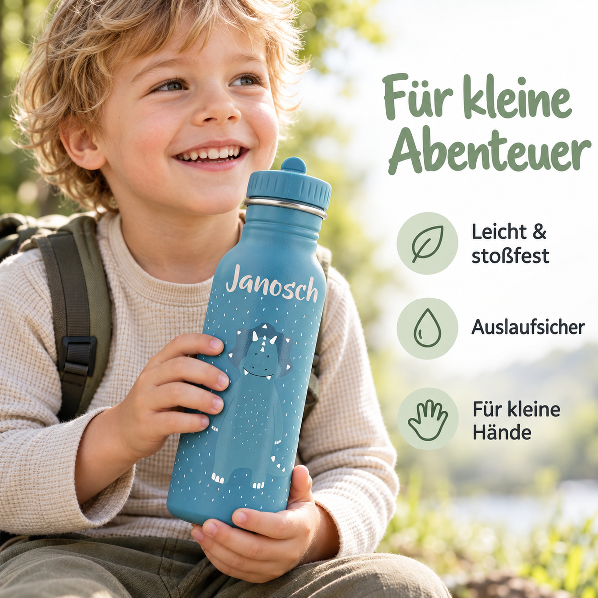 Kind hält eine petrolblaue Trixie Trinkflasche Herr Triceratops mit 500 ml und dem Namen Janosch neben drei Produktvorteilen