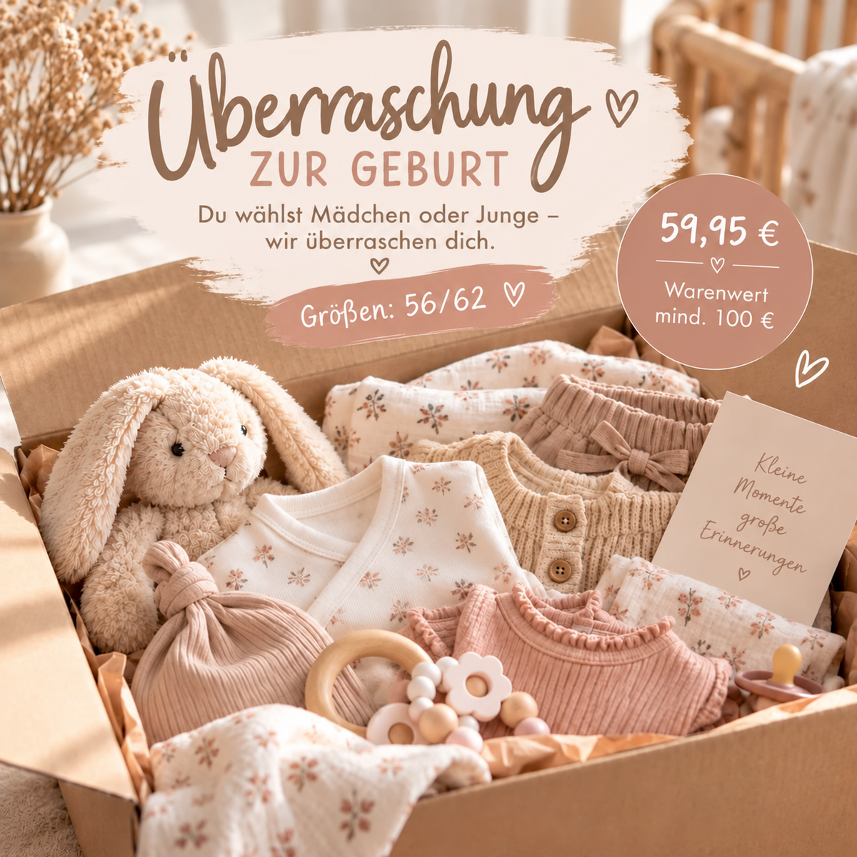 Überraschungsbox zur Geburt mit Babykleidung, Kuschelhase und Accessoires als Beispielinhalt – mindestens 100 € Warenwert für 59,95 €